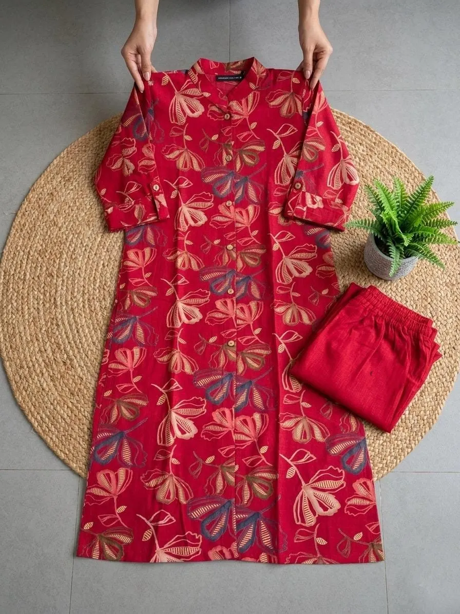 Bright Red Casual Ethnic Kurti Set